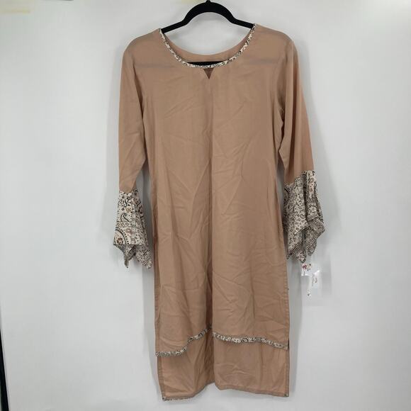 Paisley Beige Boho Long Tunic Slit Popover Art to Wear Blouse Women’s S/M - Picture 1 of 8